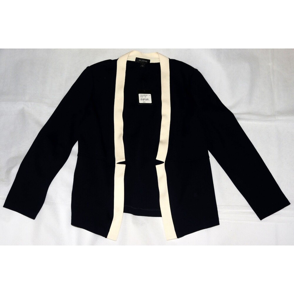 St John Collection Womens Navy/ Bright White Wool Rayon Blazer Jacket Size 16